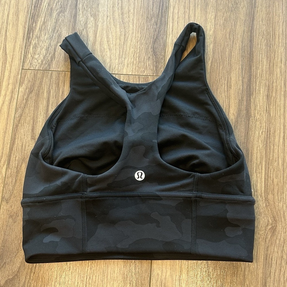 Lululemon Wunder Train Sports Bra Women 4 Black Longline‎ Heritage 365 Camo Coal